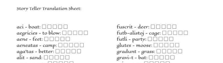 Game Master's Translation Sheet Example